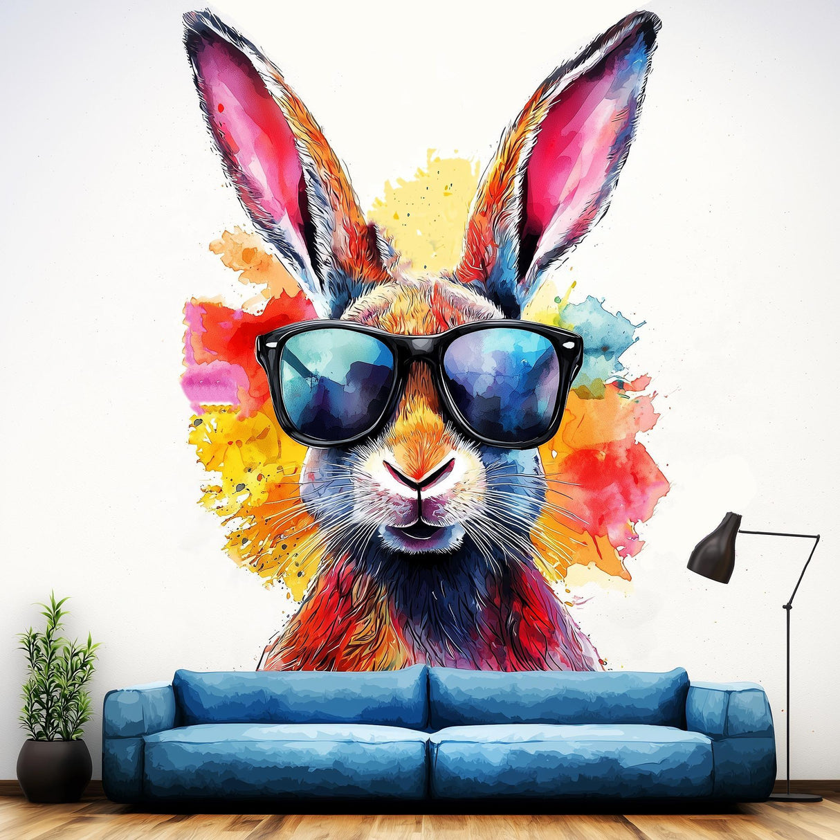 Colorful rabbit wearing sunglasses wall decal in a stylish kids' room decor, vibrant watercolor art sticker.