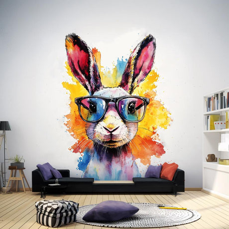 Vibrant watercolor rabbit wall decal with sunglasses, perfect for playful kids room decor.