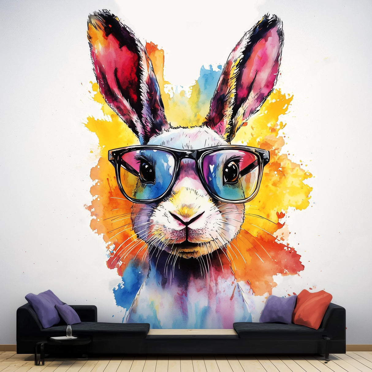 Vibrant rabbit wearing sunglasses wall decal in a colorful design, perfect decor for kids' room.