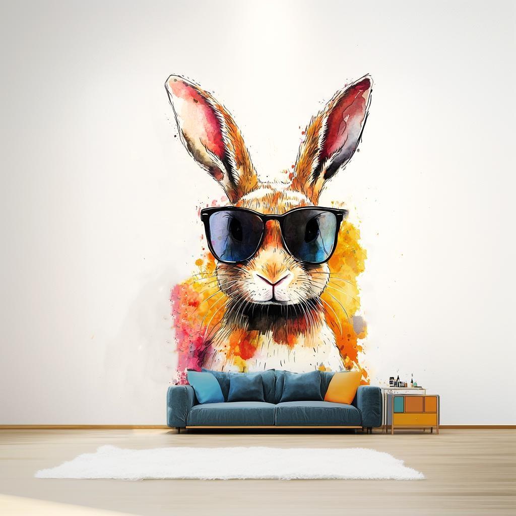 Colorful rabbit wall decal wearing sunglasses, vibrant watercolor art, playful decor for kids' room.