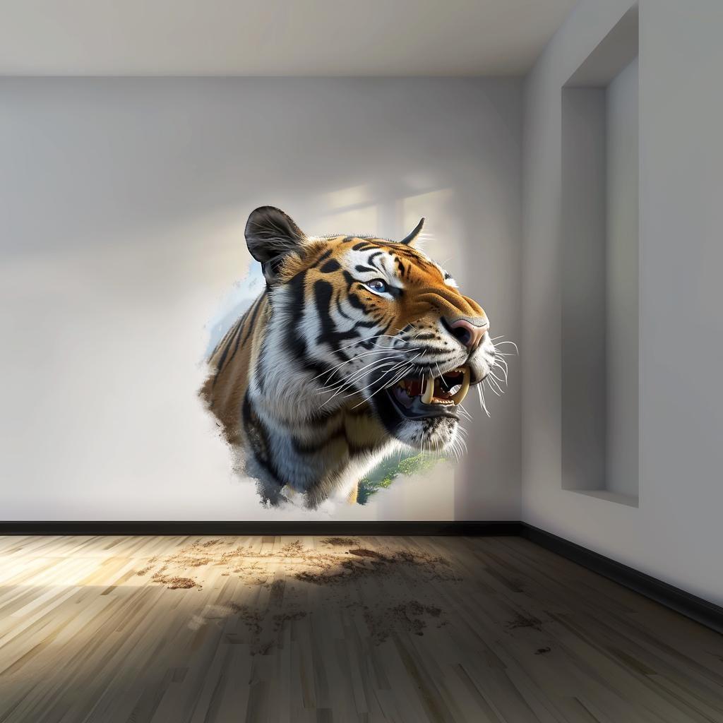 Photorealistic tiger wall decal sticker adding fierce beauty to modern living room decor.