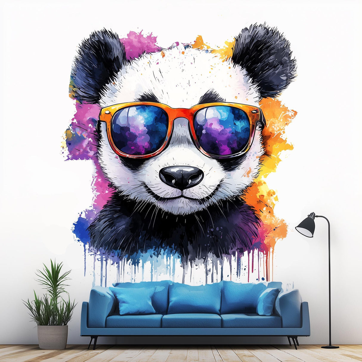 Vibrant watercolor baby panda wall decal wearing sunglasses, perfect for fun nursery decor.