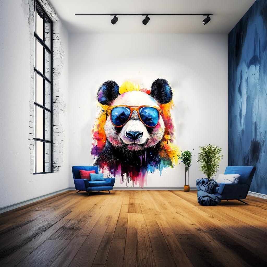 Vibrant panda wall decal with sunglasses in a stylish kids' room decor, featuring colorful watercolor splashes.