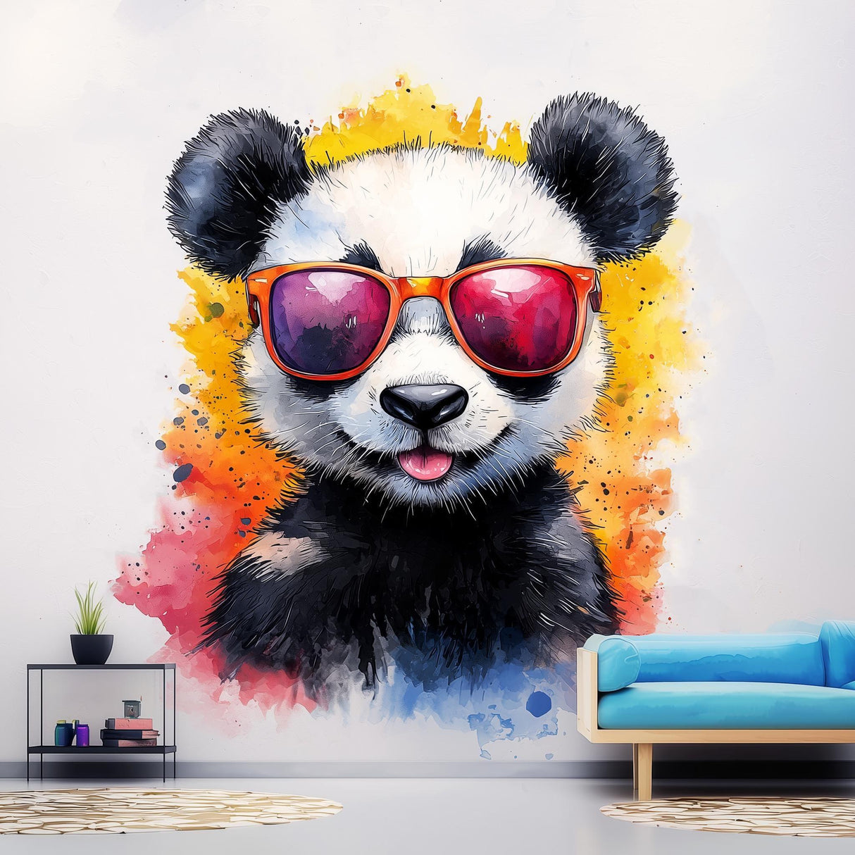 Colorful baby panda wall decal with sunglasses in a playful watercolor splash design, perfect for children's rooms.