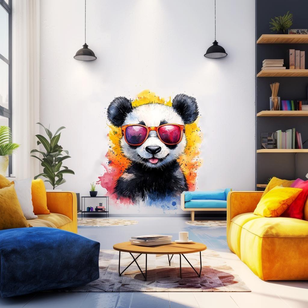 Colorful baby panda wall decal in sunglasses, adding charm to a children's room with a watercolor splash design.
