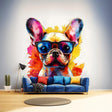Colorful baby French Bulldog wall decal with sunglasses, brightening up a room with whimsical decor.