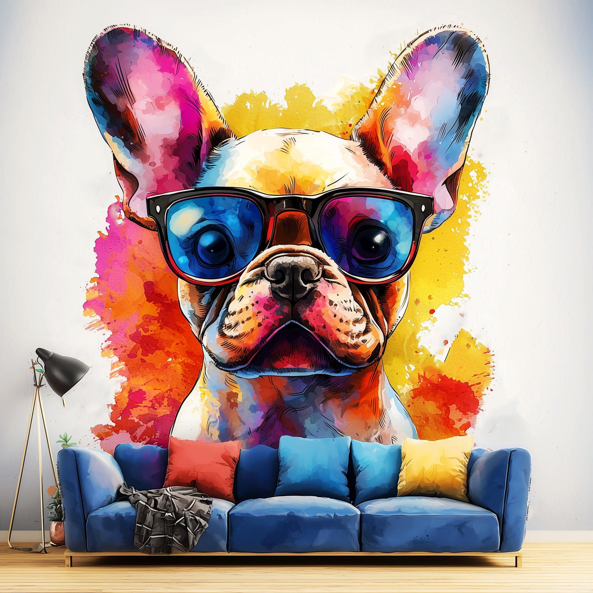 Colorful watercolor baby French Bulldog wall decal with sunglasses above a cozy blue couch, adding fun room decor.