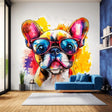 Colorful French Bulldog wall decal with sunglasses in a modern living room setting, perfect for pet lovers' decor.