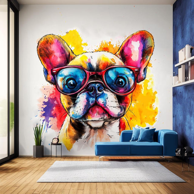 Colorful French Bulldog wall decal with sunglasses in a modern living room setting, perfect for pet lovers' decor.