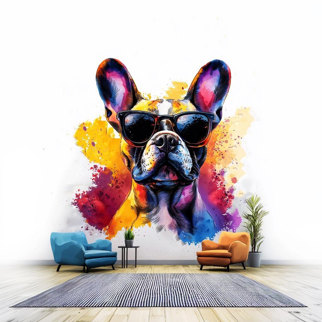 Chic French Bulldog wall decal in stylish sunglasses with a colorful watercolor splash design, perfect for modern room decor.