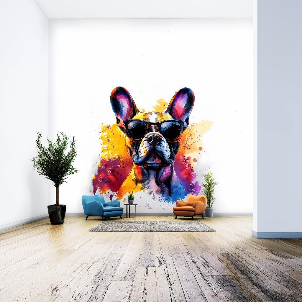 Chic French Bulldog wall decal with sunglasses in colorful watercolor splash, modern room decor.