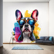 Colorful French Bulldog wall decal with sunglasses in a modern living room decor setting