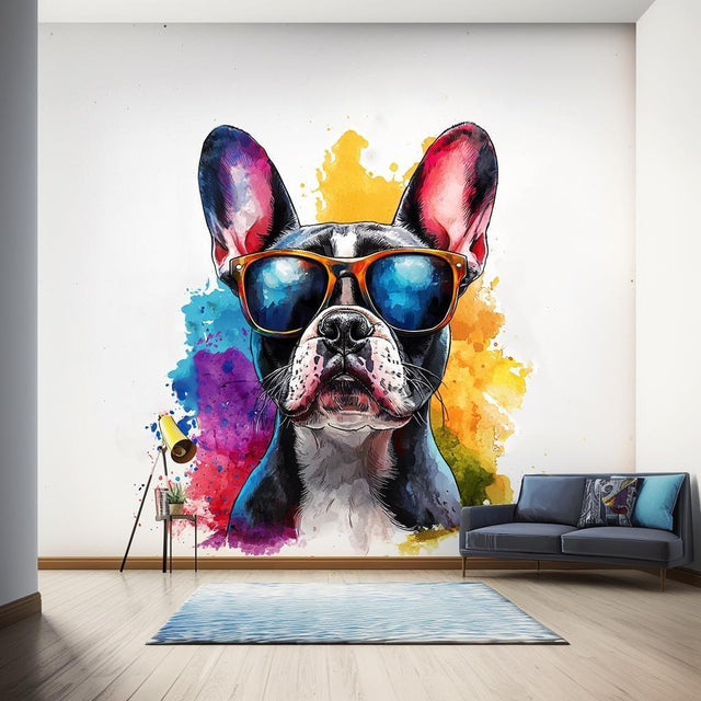 Colorful French Bulldog wall decal with sunglasses in a modern living room decor setting