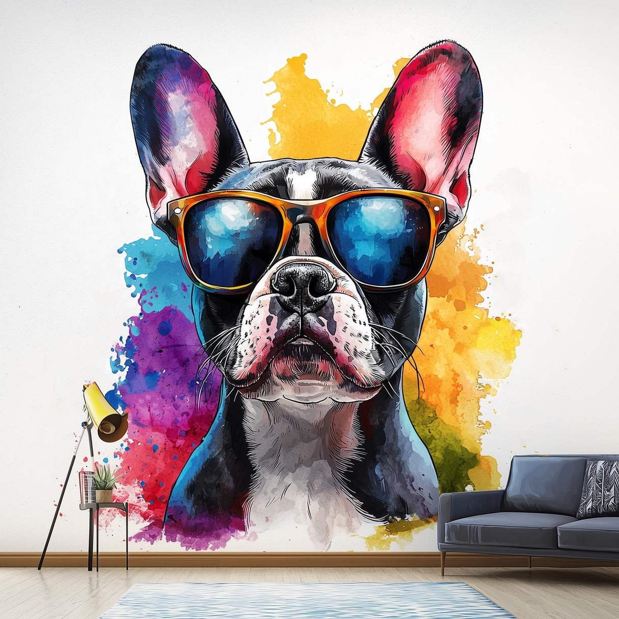 Colorful French Bulldog wall decal with sunglasses, vibrant watercolor splash pet decor for modern homes.