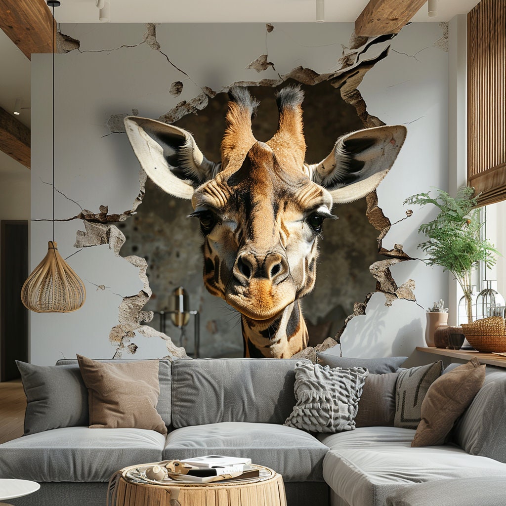 Realistic 3D Giraffe Head Wall Decal Sticker - Fun Safari Animal Breaking Through Wall Art