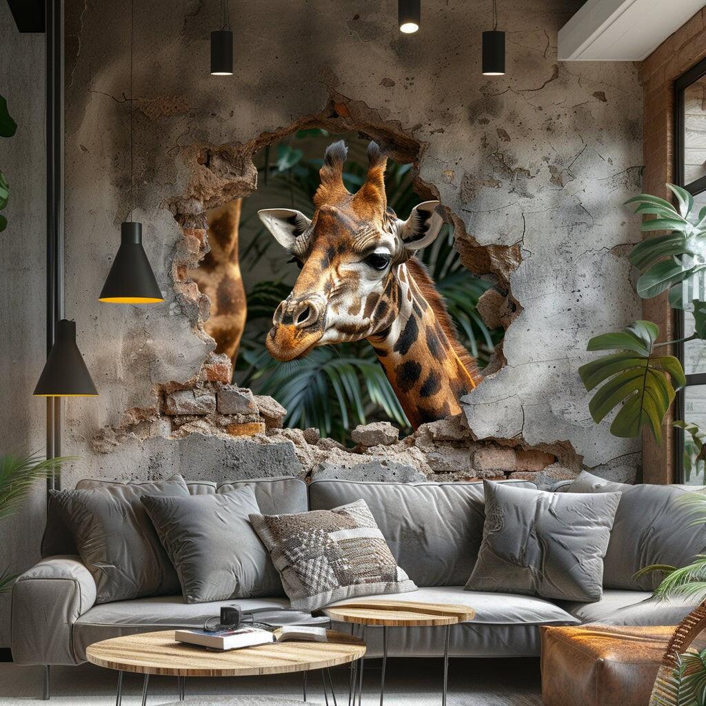 Realistic 3D giraffe wall decal sticker breaking through wall in modern living room decor.