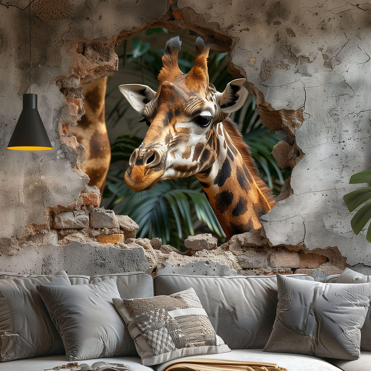 3D giraffe wall decal sticker showing a realistic giraffe breaking through a wall in a stylish living room.