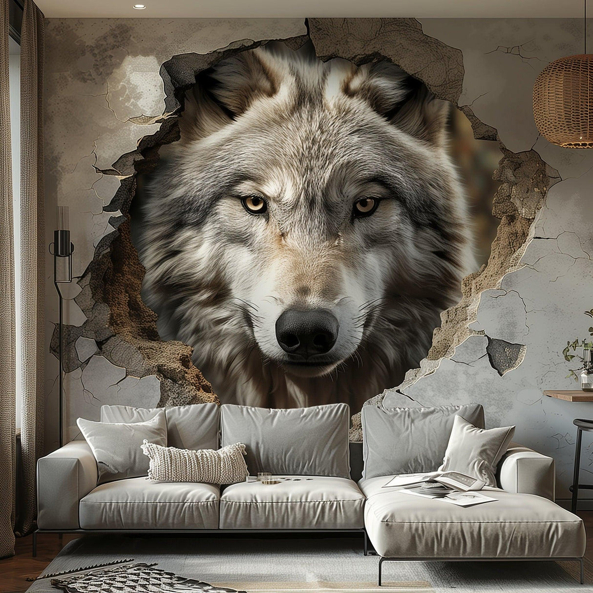 Realistic 3D wolf wall decal sticker breaking through a wall, enhancing home decor with nature's beauty.