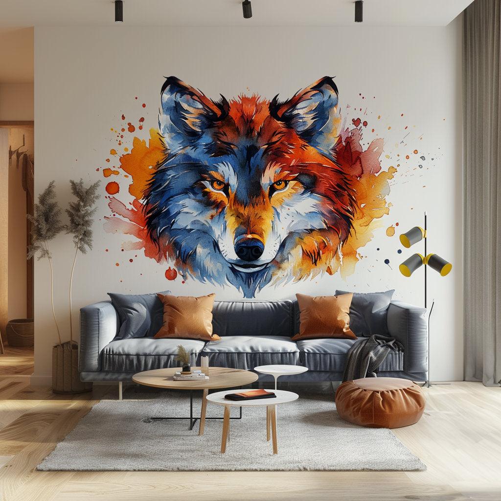 Vibrant watercolor wolf face wall decal sticker in a stylish living room with modern decor.