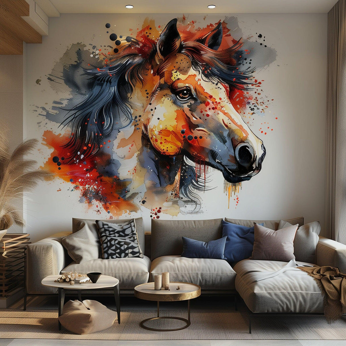 Vibrant watercolor horse head wall sticker decal, adding artistic flair to modern interior decor.