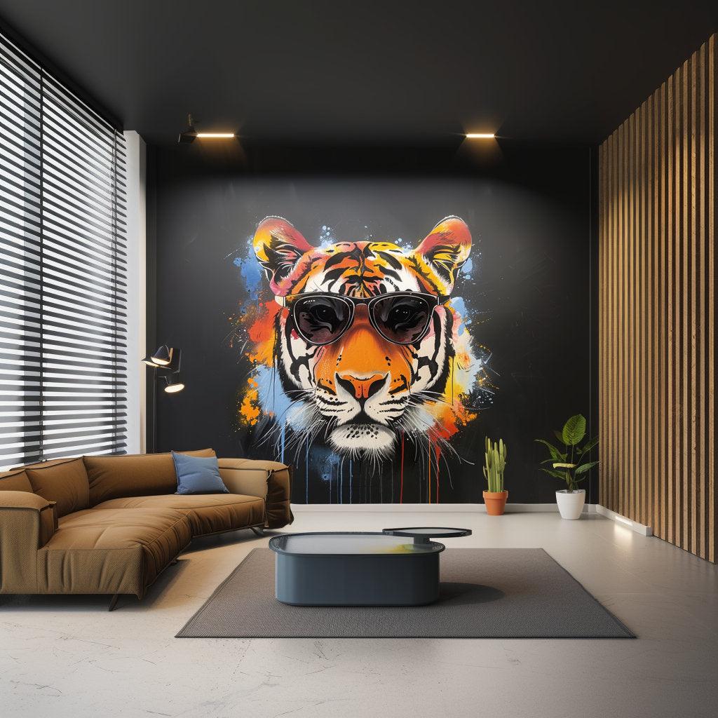 Graffiti tiger wall sticker with sunglasses, vibrant art in modern living room setting.