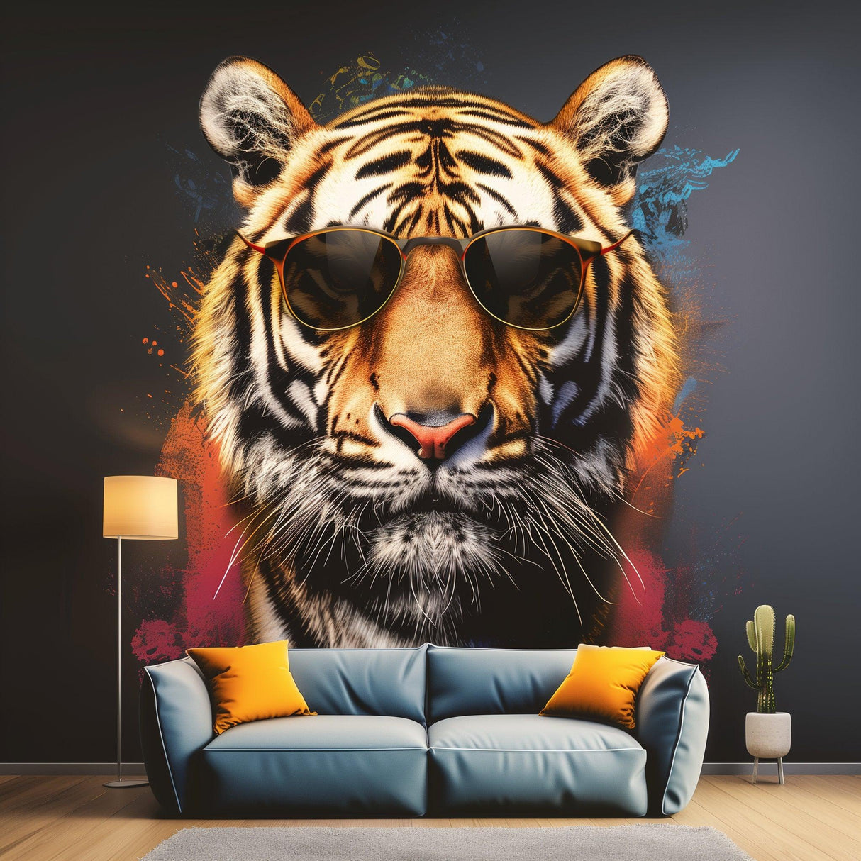 Vibrant graffiti tiger wall sticker with sunglasses, bold animal art centerpiece for modern living room decor.