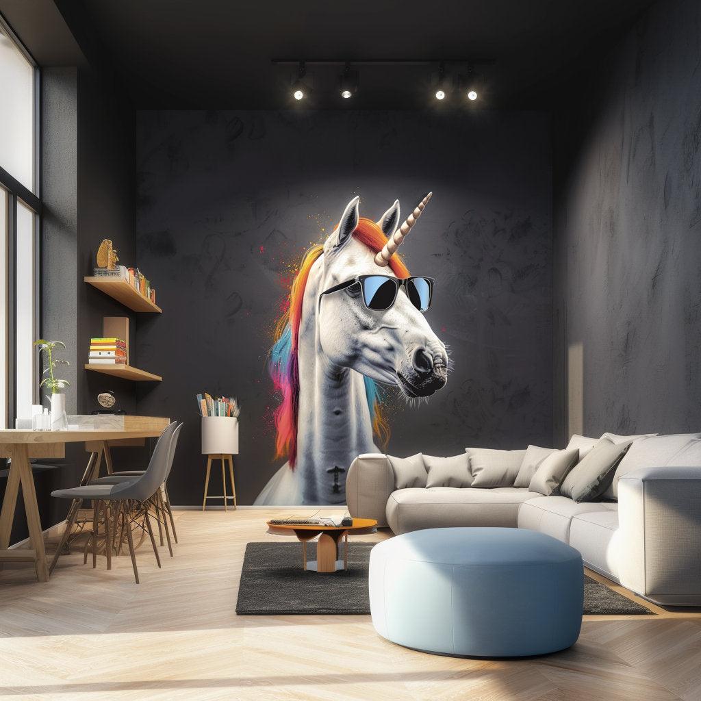 Graffiti unicorn wall sticker featuring a unicorn wearing sunglasses in a modern living room setting.