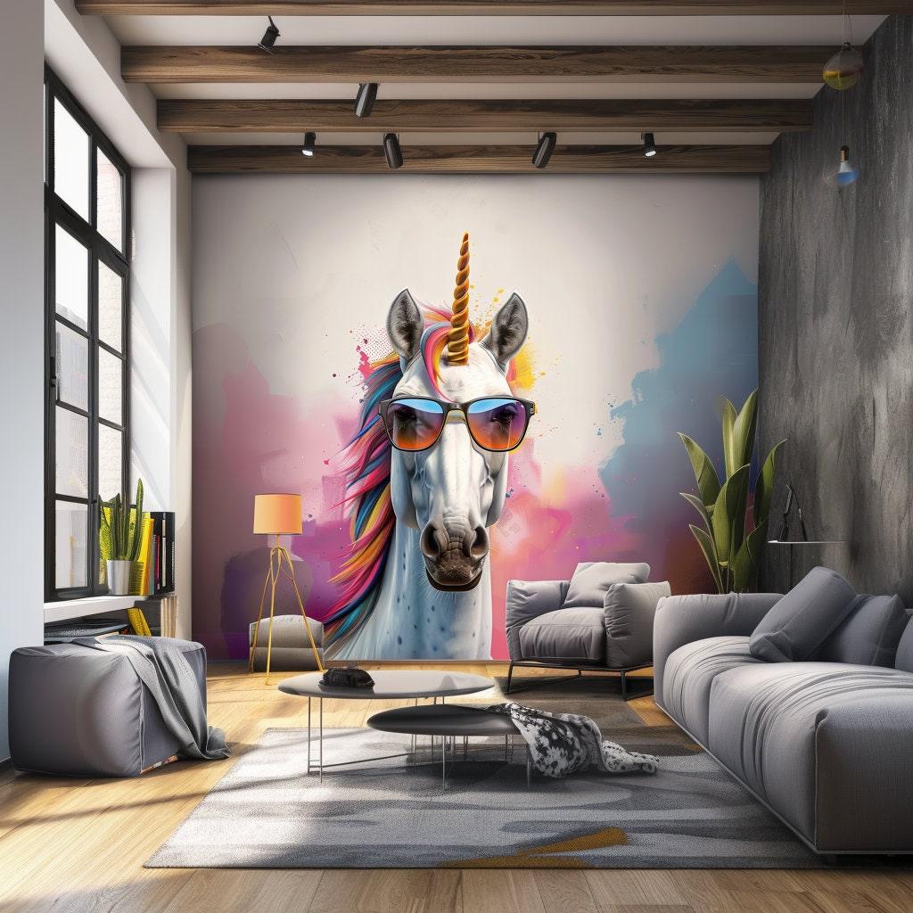 Photorealistic graffiti unicorn wall sticker with sunglasses in a modern living room, colorful and whimsical decor.