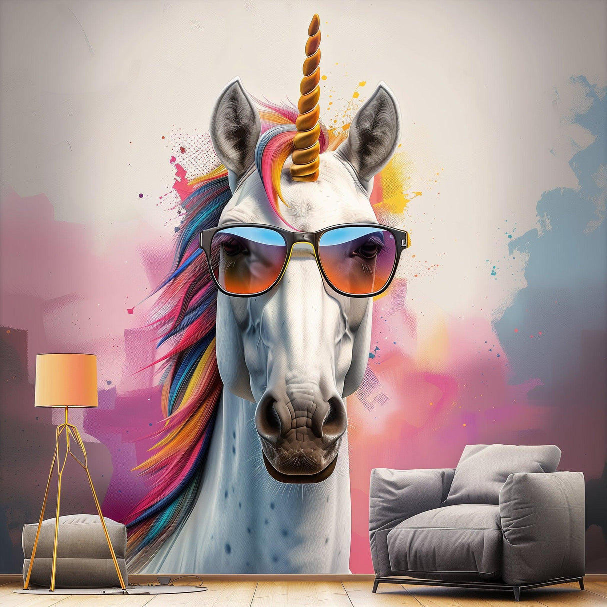 Photorealistic graffiti unicorn wall sticker with colorful mane and sunglasses in a modern interior.