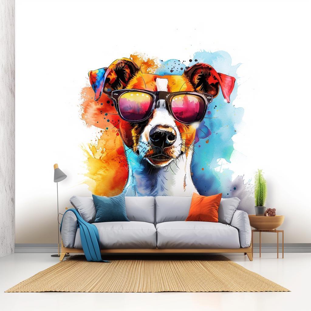 Vibrant Jack Russell Terrier wall sticker with sunglasses and colorful watercolor splashes in modern living room.
