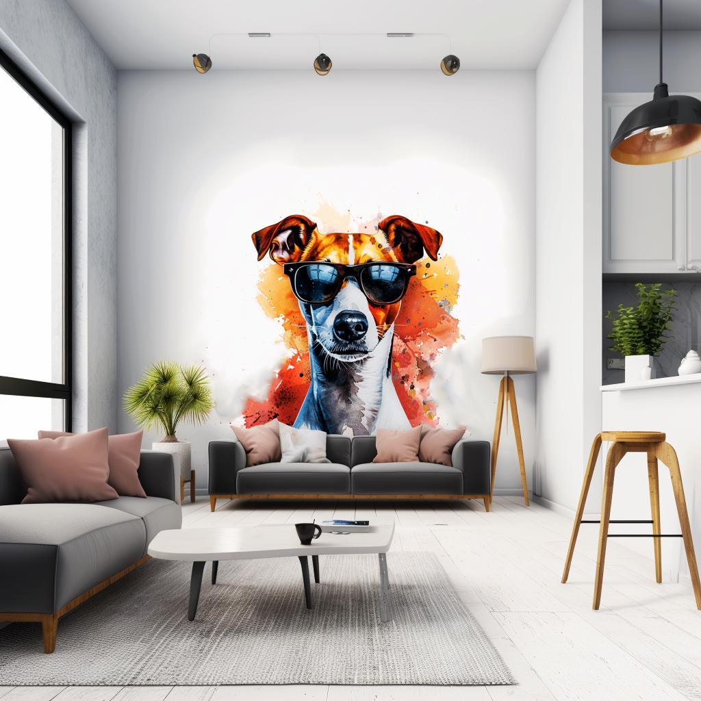 Vibrant Jack Russell Terrier wall sticker with sunglasses, modern watercolor art for pet lovers in stylish living room.