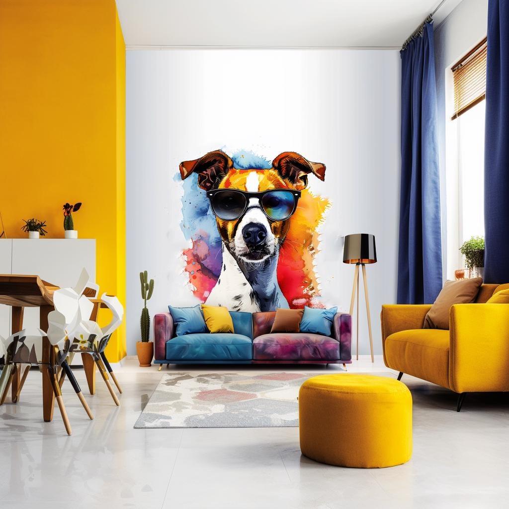 Colorful Jack Russell Terrier wall sticker in sunglasses on a modern living room wall, vibrant watercolor art decor.