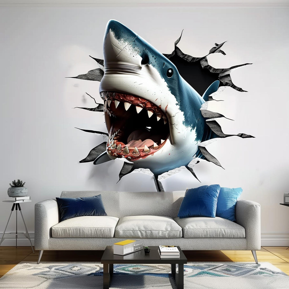 3D Great White Shark wall sticker bursting through a wall, creating a striking visual effect in a modern living room.