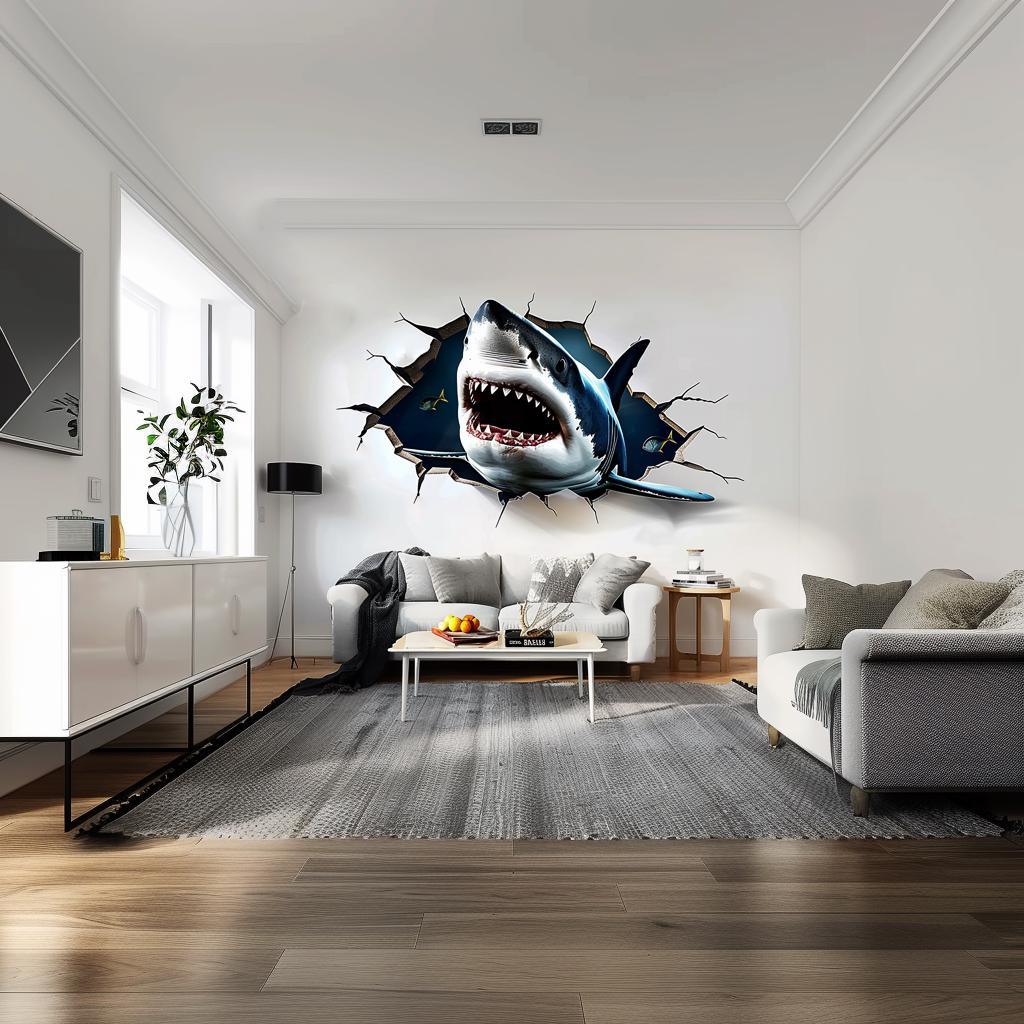 3D Great White Shark wall sticker bursting through a wall in a modern living room decor setting.