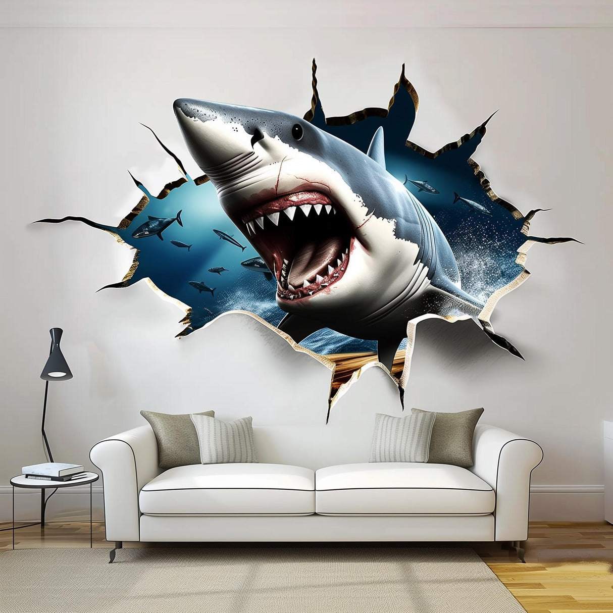 3D Crack White Shark Wall Sticker bursting through wall, realistic design, adding dramatic ocean theme decor to living room.