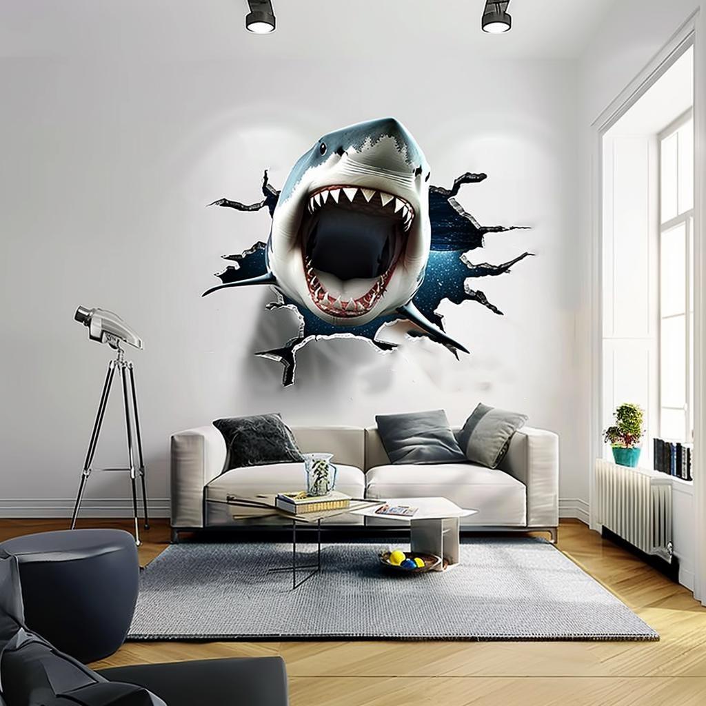 3D White Shark Wall Decal for living room decor, realistic shark bursting through wall with open jaws.