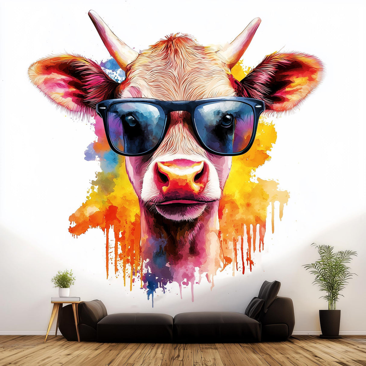 Colorful Baby Cow with Sunglasses wall sticker, perfect for fun kids room decor and vibrant watercolor splash art.