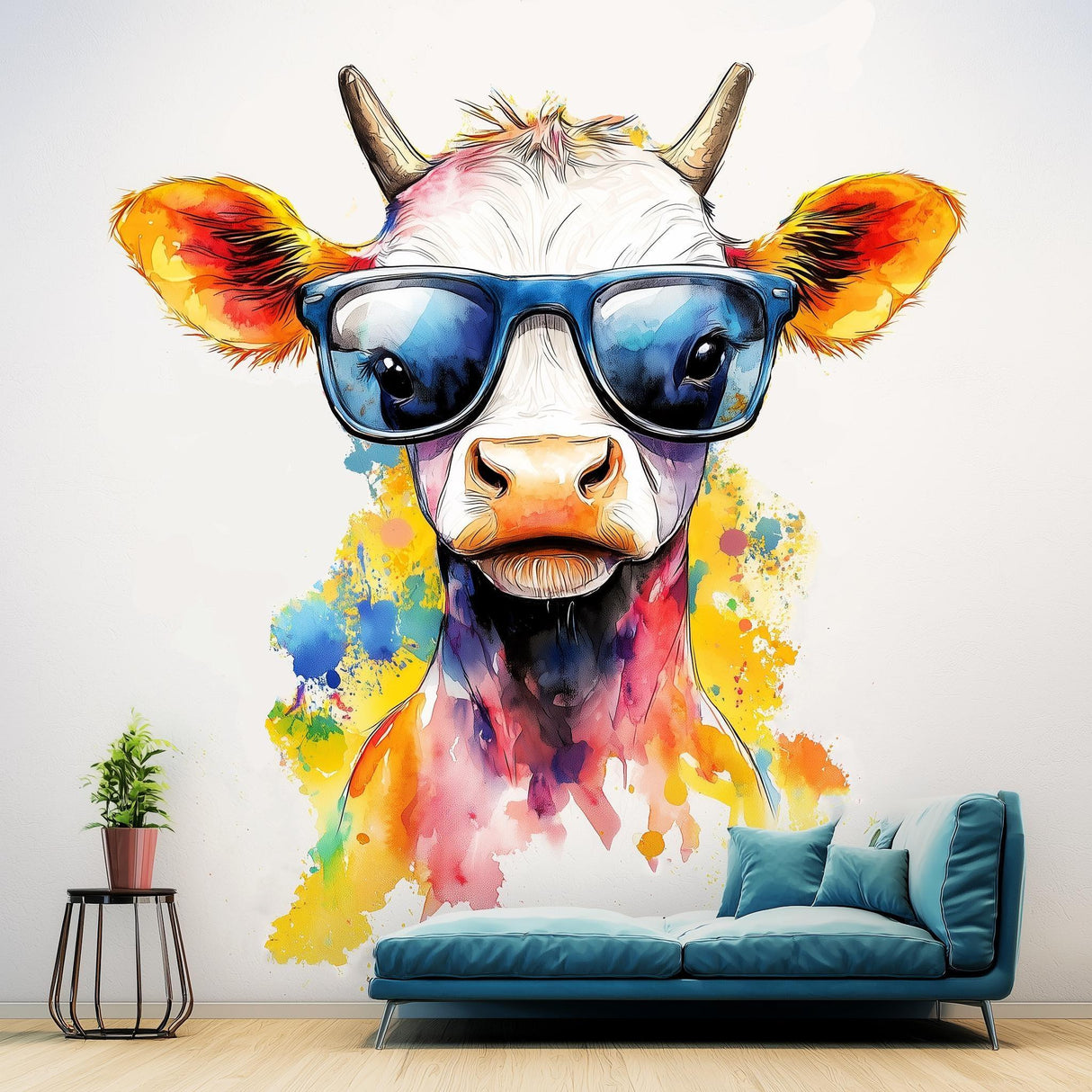 Colorful Baby Cow with Sunglasses Wall Decal, vibrant watercolor splash art for kids' room decor.