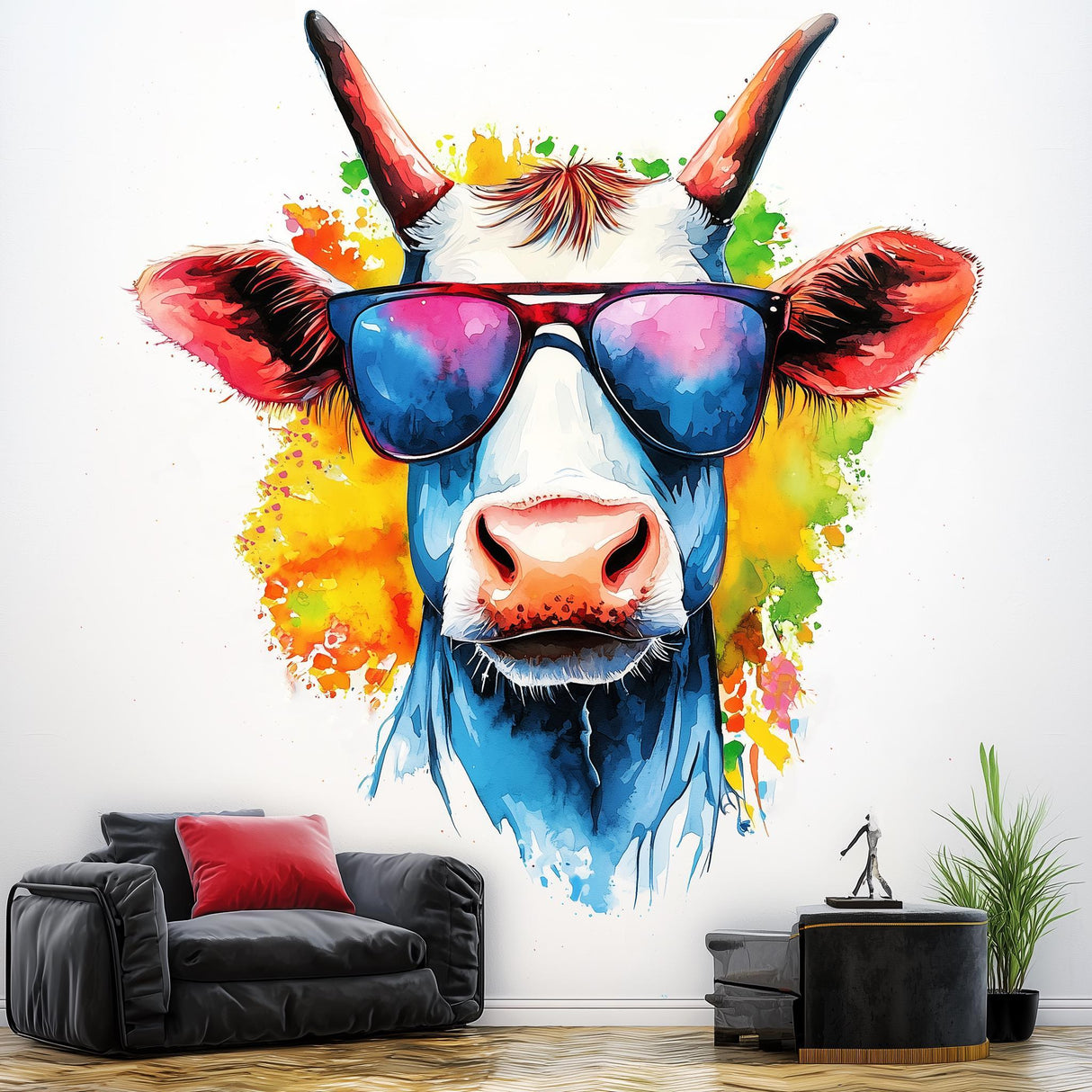 Cool cow wall decal with sunglasses in vibrant colors, perfect for fun kids room decor and watercolor art.
