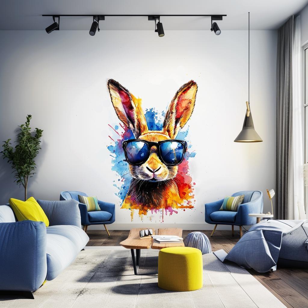 Colorful watercolor rabbit wall decal with sunglasses in a stylish living room setting.