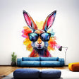 Colorful rabbit with sunglasses wall decal in a modern room, vibrant watercolor art for kids' decor.