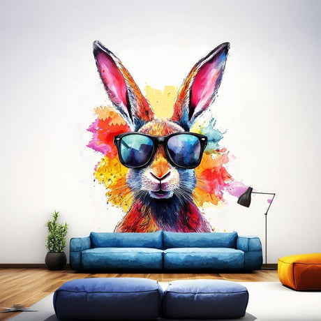 Colorful rabbit with sunglasses wall decal in a modern room, vibrant watercolor art for kids' decor.