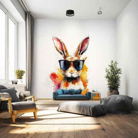 Colorful rabbit with sunglasses wall decal in modern living room decor, bright watercolor art sticker