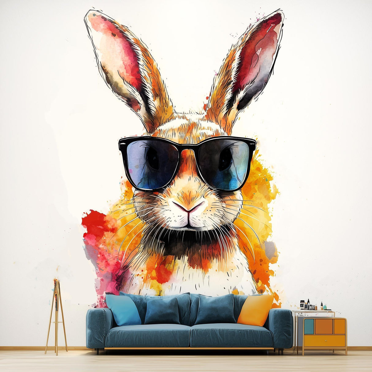 Colorful rabbit wall decal with sunglasses, fun watercolor art sticker for playful animal decor in kids' room.