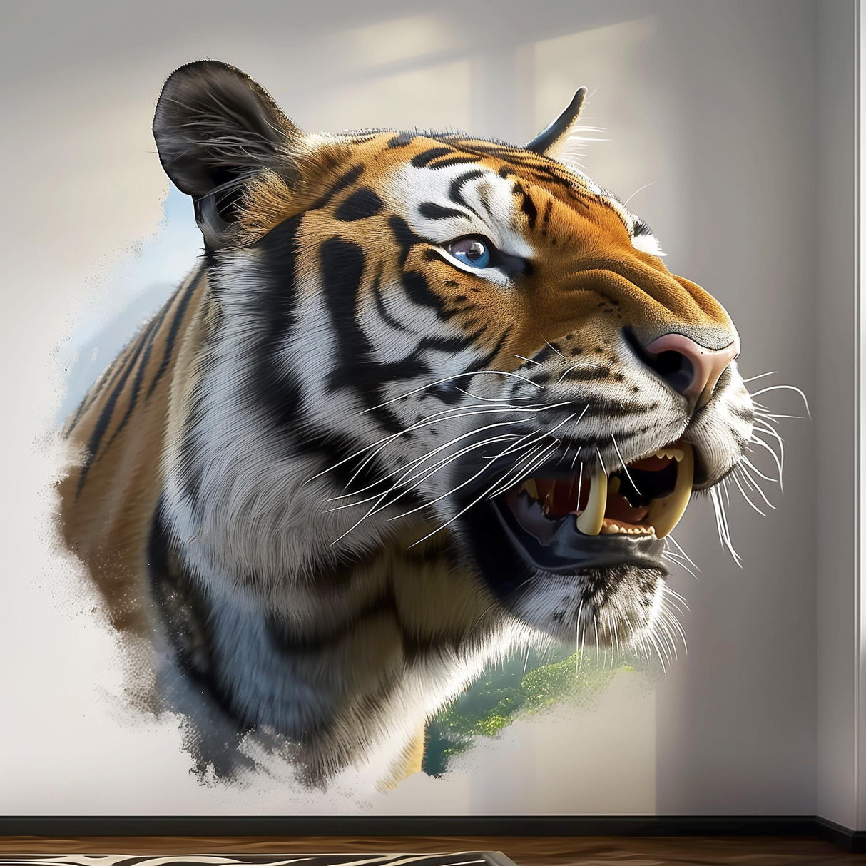 Photorealistic tiger wall decal sticker showcasing fierce jungle cat art in a living room setting.