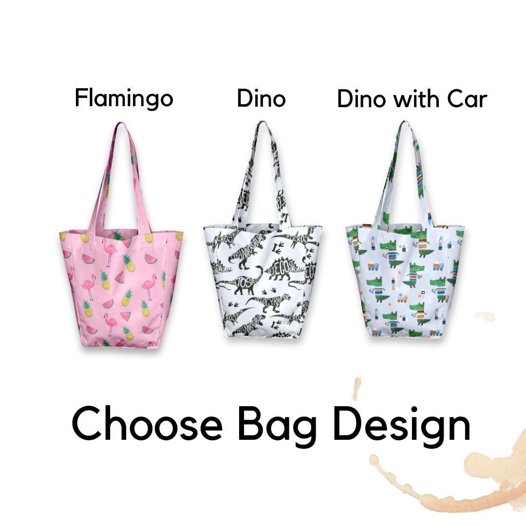 Three cute kids' tote bags with flamingo, dinosaur, and dinosaur with car designs.