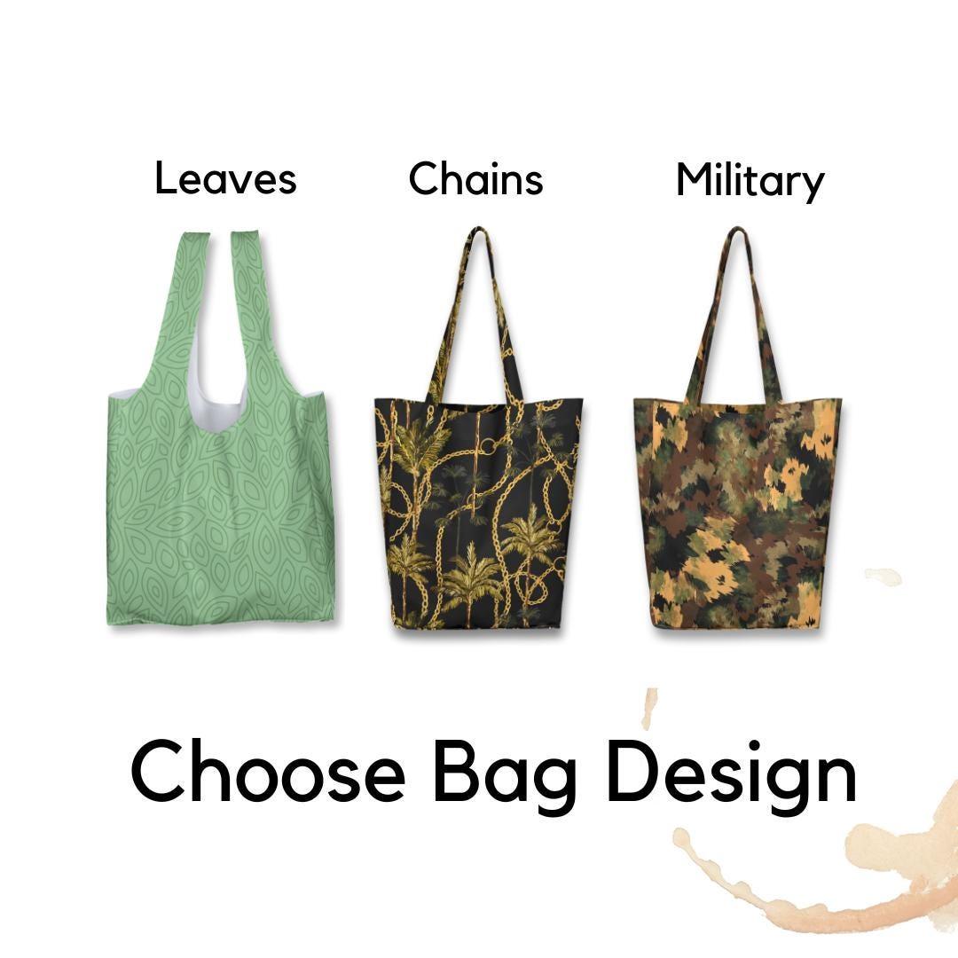 Three bag designs: Leaves, Chains, and Military patterns. Select your favorite tote style.
