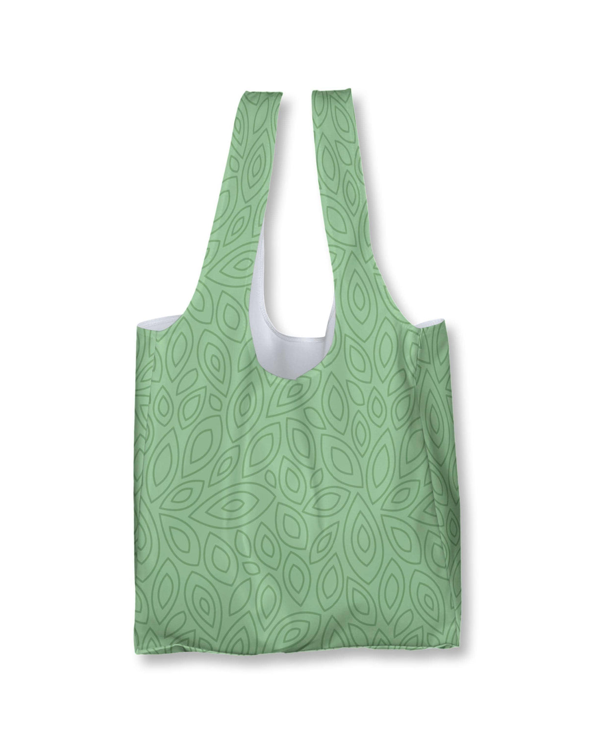 Reusable green tote bag with decorative leaf pattern and long handles, perfect for shopping or daily use.