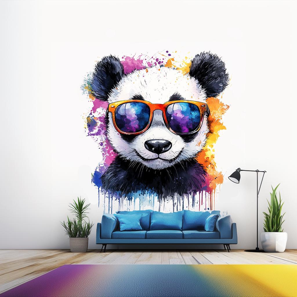 Adorable baby panda wall decal wearing sunglasses in vibrant watercolor style, perfect for kids' room decor.