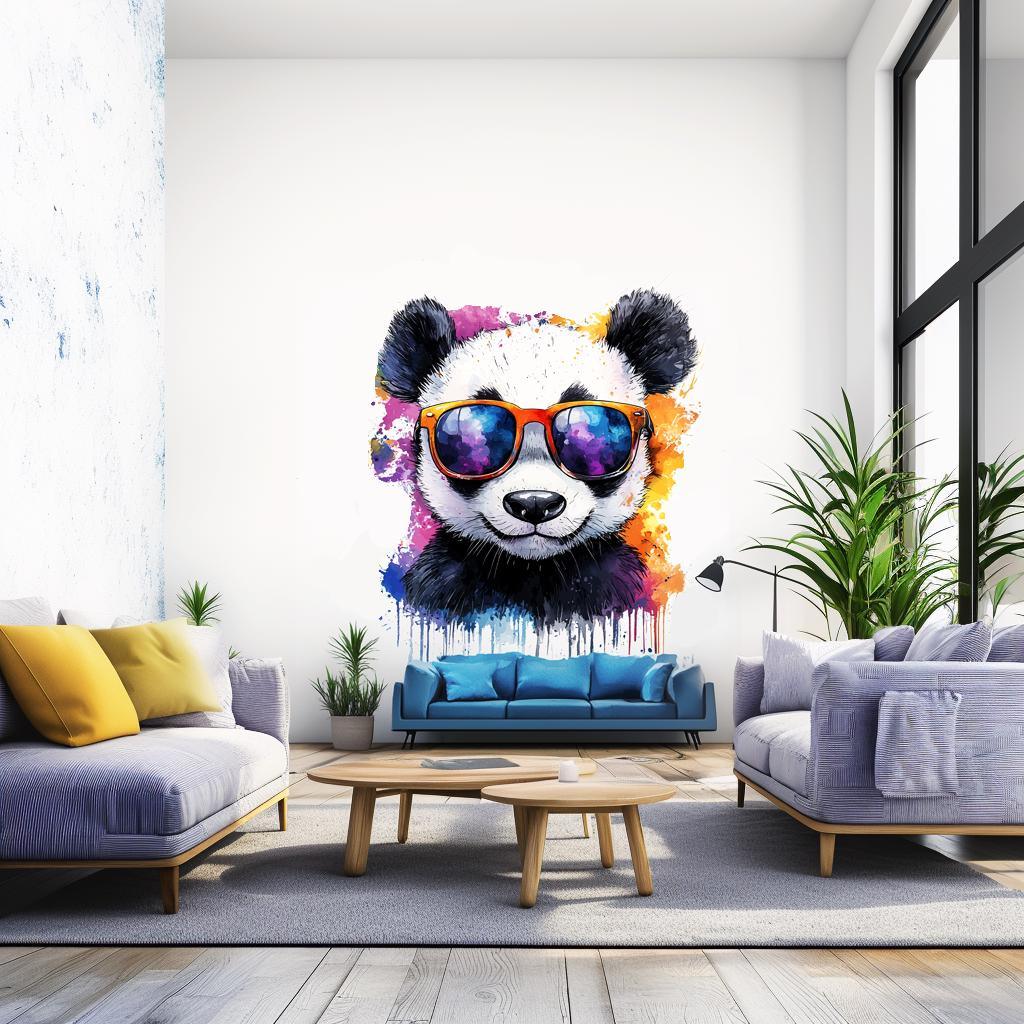 Baby panda wall decal in sunglasses, vibrant watercolor art in a modern nursery setting, fun decor for kids' rooms.